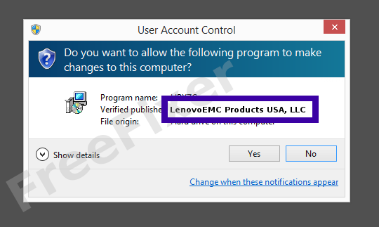 Screenshot where LenovoEMC Products USA, LLC appears as the verified publisher in the UAC dialog
